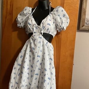 White Floral Cutout Midi Dress with Puff Sleeves